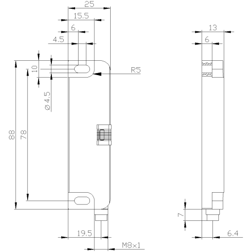 Magnetic switch contact block 25 x 88 mm for door hinge l safety contacts 2 NC