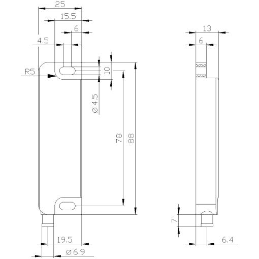 Magnetically operated switch contact block 25 x 88 mm for door hinge right co