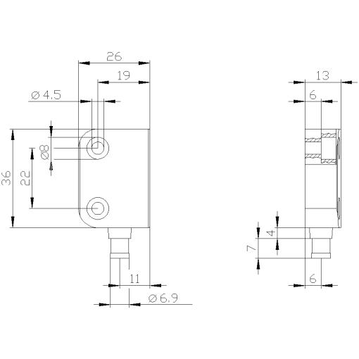 Magnetically operated switch contact block rectangular small 26 x 36mm fo