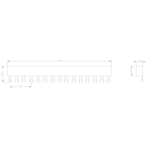 3-ph. busbars modular spacing 45 mm for 5 switches, connections in fork shape