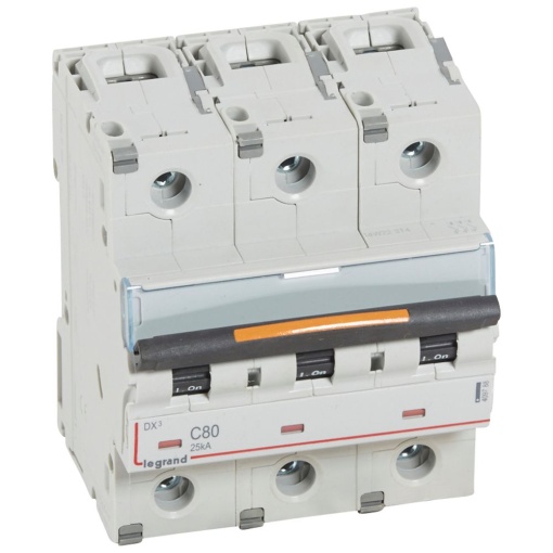 Disjuntores DX3 - 25kA - 3P - 400 V - 80 A - curva C - 4,5 módulos