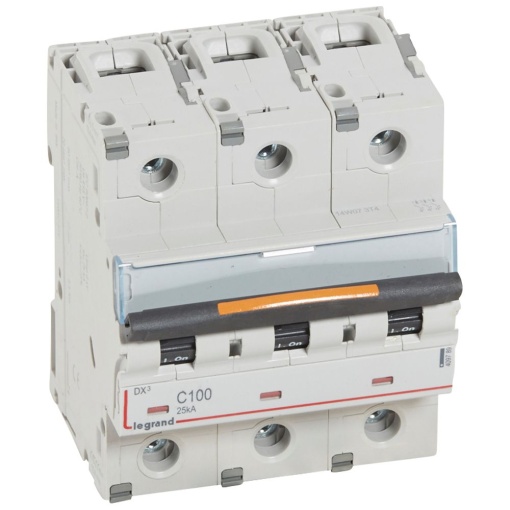 Disjuntores DX3 - 25kA - 3P - 400 V - 100 A - curva C - 4,5 módulos