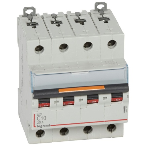 Disjuntores DX3 - 25kA - 4P - 400 V - 10 A - curva C - 4 módulos