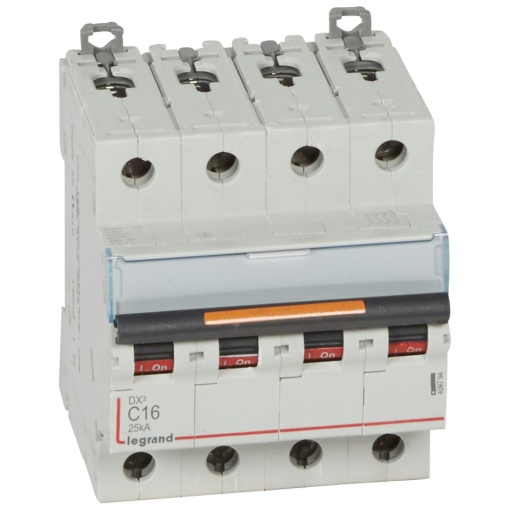 Disjuntores DX3 - 25kA - 4P - 400 V - 16 A - curva C - 4 módulos