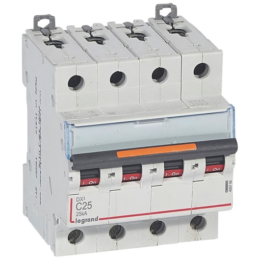 Disjuntores DX3 - 25kA - 4P - 400 V - 25 A - curva C - 4 módulos