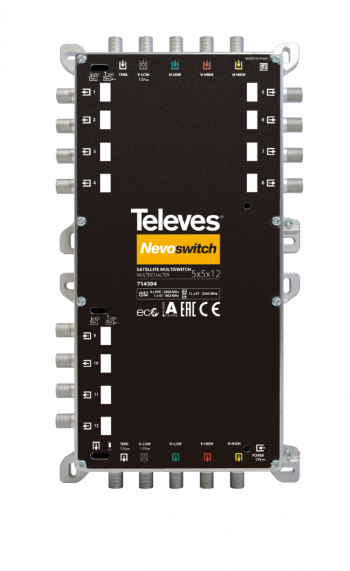NevoSwitch equipped with 5 inputs and 12 outputs, with passive terrestrial 