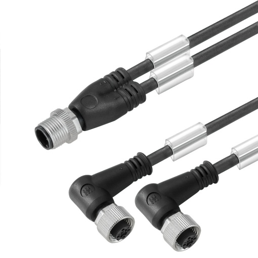 Sensor-actuator adaptor cable assembled, Connecting line, M12  M12, 3, 1.5 m, Twin cabling, pin, straight, 2x socket, angled, black