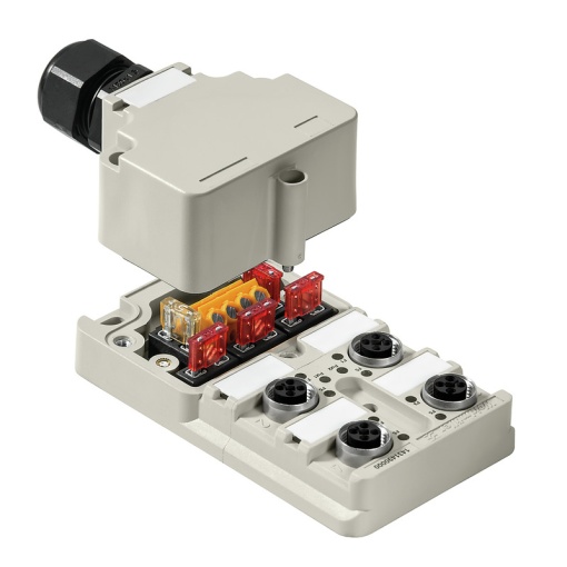 Sensor-actuator passive distributor without cable, Hood version, M12, 30 V, T-coded, LED Yes, LED initiator Yes, Wiring type PNP