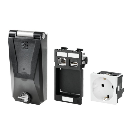 Fitted component housing, IP65, in closed state, 2x data, 1x power, Shielded, Plastic cover, Socket DE