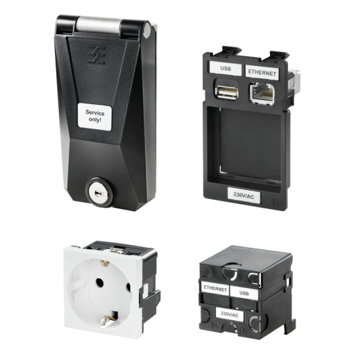 Fitted component housing, IP65, in closed state, 2x data, 1x power, Shielded, Plastic cover, Lockable with key, Socket DE