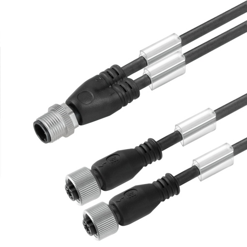 Sensor-actuator adaptor cable assembled, Connecting line, M12  M12, 3, 2.5 m, Twin cabling, pin, straight, 2x socket, straight, black similar to R