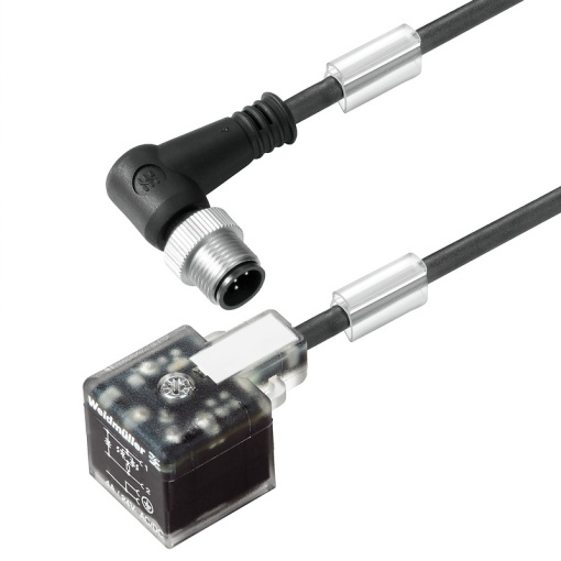 Valve cable assembled, 90&deg; plug - valve plug, Design A 18 mm, M12  A-coded, Cable length 3 m, PUR, black