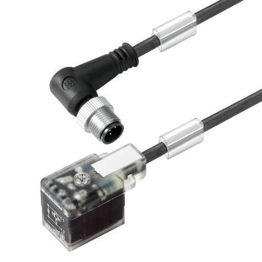Valve cable assembled, 90&deg; plug - valve plug, Industrial design B 11 mm, M12  A-coded, Cable length 1.5 m, PUR, black