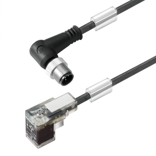 Valve cable assembled, 90&deg; plug - valve plug, DIN design C 8 mm, M12  A-coded, Cable length 3 m, PUR, black