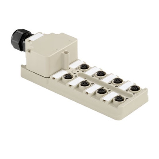 Sensor-actuator passive distributor without cable, Hood version, M12, 30 V, A-coded, LED Yes, LED initiator Yes, Wiring type NPN