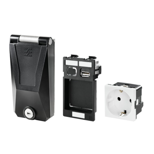Fitted component housing, IP65, in closed state, 1x data, 1x power, Unshielded, Metal cover, Lockable with key, Socket DE