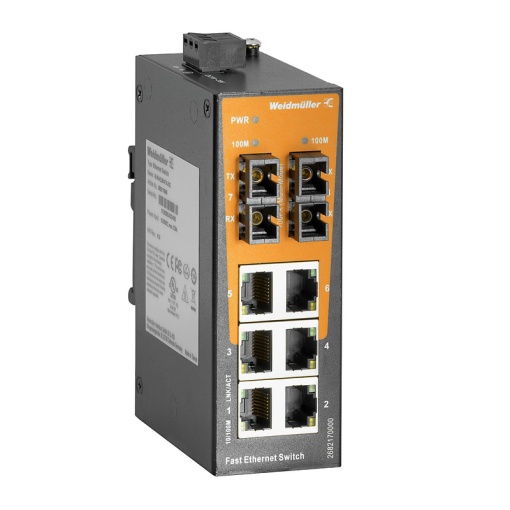 Network switch, unmanaged, Fast Ethernet, 6x RJ45, 2x SC Multi-mode, -40 C...75 C, IP30