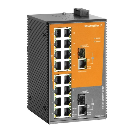 Network switch, unmanaged, FastGigabit Ethernet, 16x RJ45 10100BaseTX, 2x combo-ports 101001000BaseTX or 1000BaseSFP, -40 C...75 C, IP30