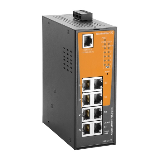 Network switch, managed PoE, Gigabit Ethernet, 8x RJ45 101001000 BaseTX PoE, -40 C...75 C, IP30