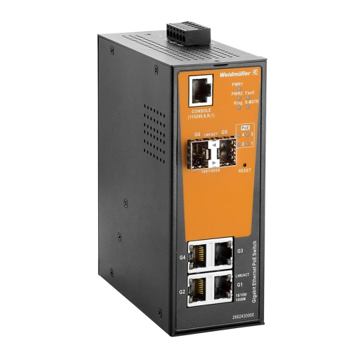 Network switch, managed PoE, Gigabit Ethernet, 4  RJ45 101001000BaseTX PoE, 2x 1001000BaseSFP Slot, -40 C...75 C, IP30
