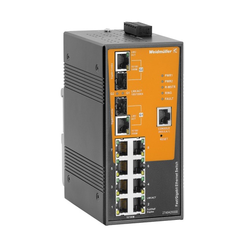 Network switch, managed, FastGigabit Ethernet, 8x RJ45 10100BaseTX, 2x combo-ports 101001000BaseTX or 1001000BaseSFP, -40 C...75 C, IP30