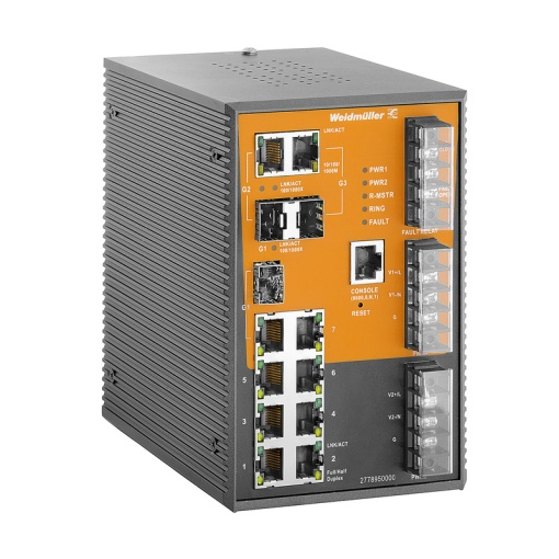 Network switch, managed, FastGigabit Ethernet, 7x RJ45 10100BASE-TX, 3x combo-ports 101001000BASE-TX or 1001000BaseSFP, -40 C...85 C, IP3