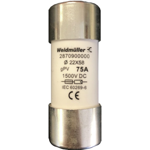 Cylindrical fuse cartridge, Photovoltaics, 1500 , 22 x 58 mm, gPV, 75 A
