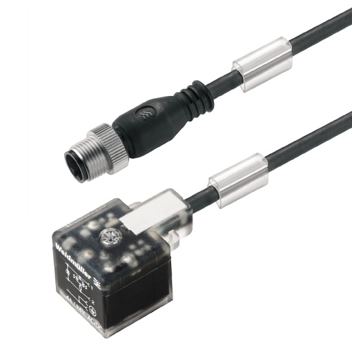 Valve cable assembled, Straight plug - valve plug, Design A 18 mm, M12  A-coded, Cable length 0.6 m, PUR, black