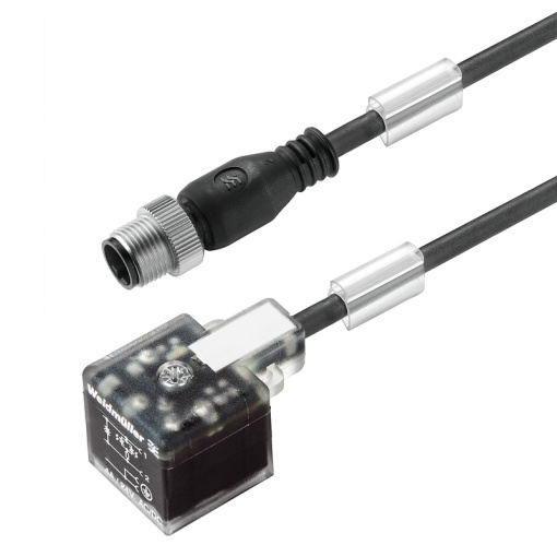 Valve cable assembled, Straight plug - valve plug, Design A 18 mm, M12  A-coded, Cable length 1 m, PUR, black