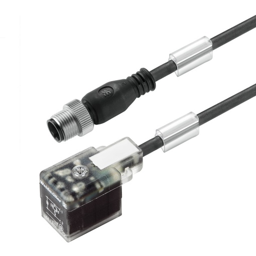 Valve cable assembled, Straight plug - valve plug, Industrial design B 11 mm, M12  A-coded, Cable length 2 m, PUR, black