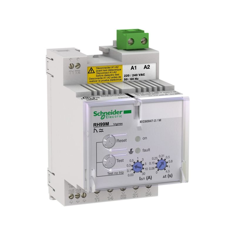 residual current protection relay, Vigirex RH99M, 30 mA to 30 A, 380 VAC to 415 VAC 50/60 Hz, local manual reset