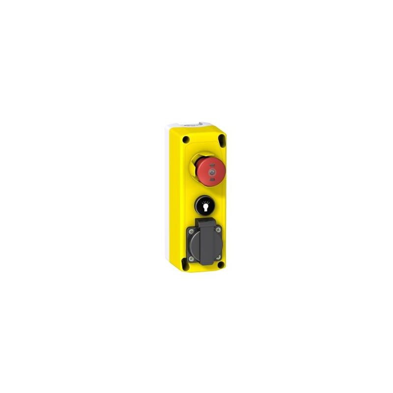 Harmony XALF, Lift inspection station, plastic, yellow, 1 Emergency Stop/1 flush black spring return push buttons/1 power socket