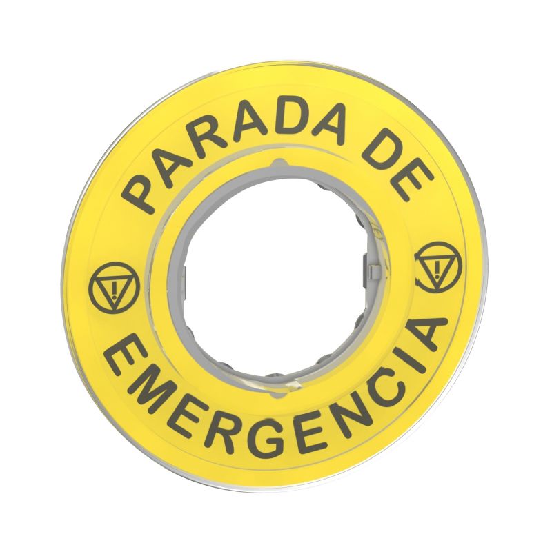 Legend, plastic, yellow, Ø90, for emergency stop, marked PARADA DE EMERGENCIA with logo ISO13851