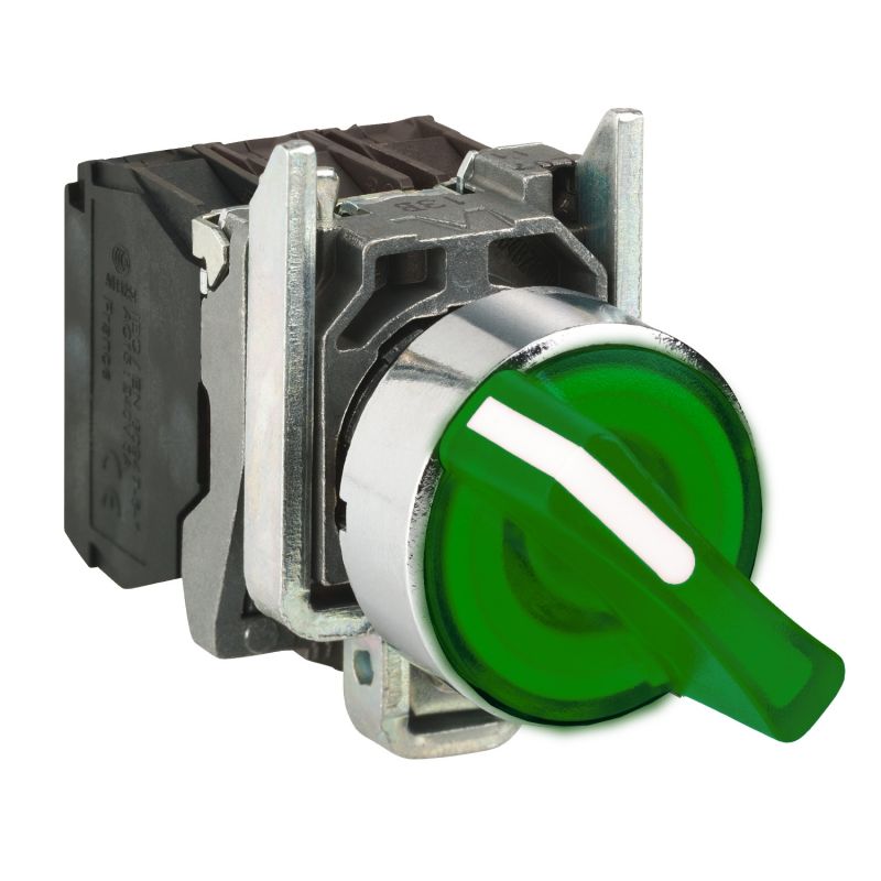 Illuminated selector switch, metal, green, Ø22, 3 positions, stay put, 110...120 V AC, 1 NO + 1 NC