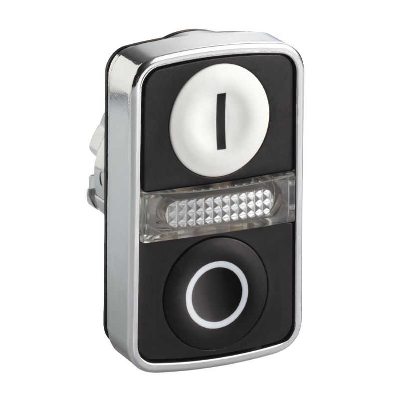 Illuminated double-headed push button head, metal, Ø22, 1 white flush marked I + 1 pilot light + 1 black flush marked O