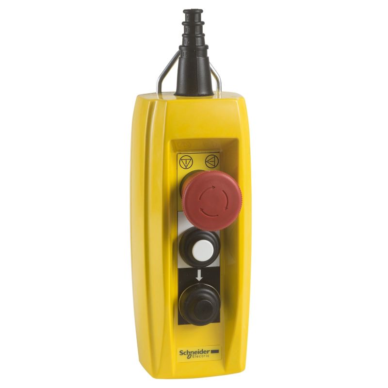 Pendant control station, plastic, yellow, 2 push buttons, 1 emergency stop