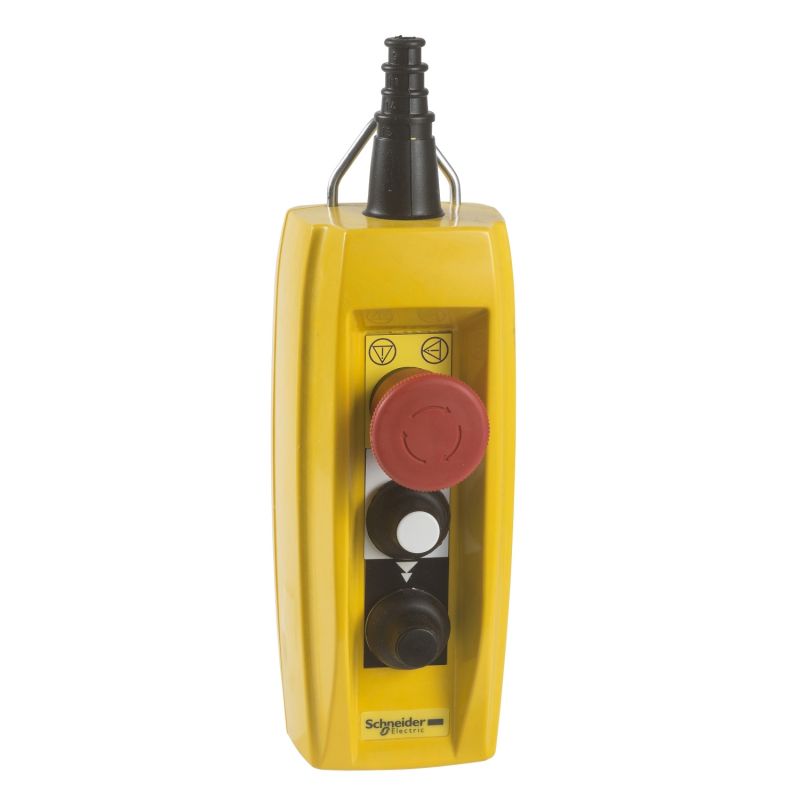Pendant control station, plastic, yellow, 2 push buttons, 1 emergency stop