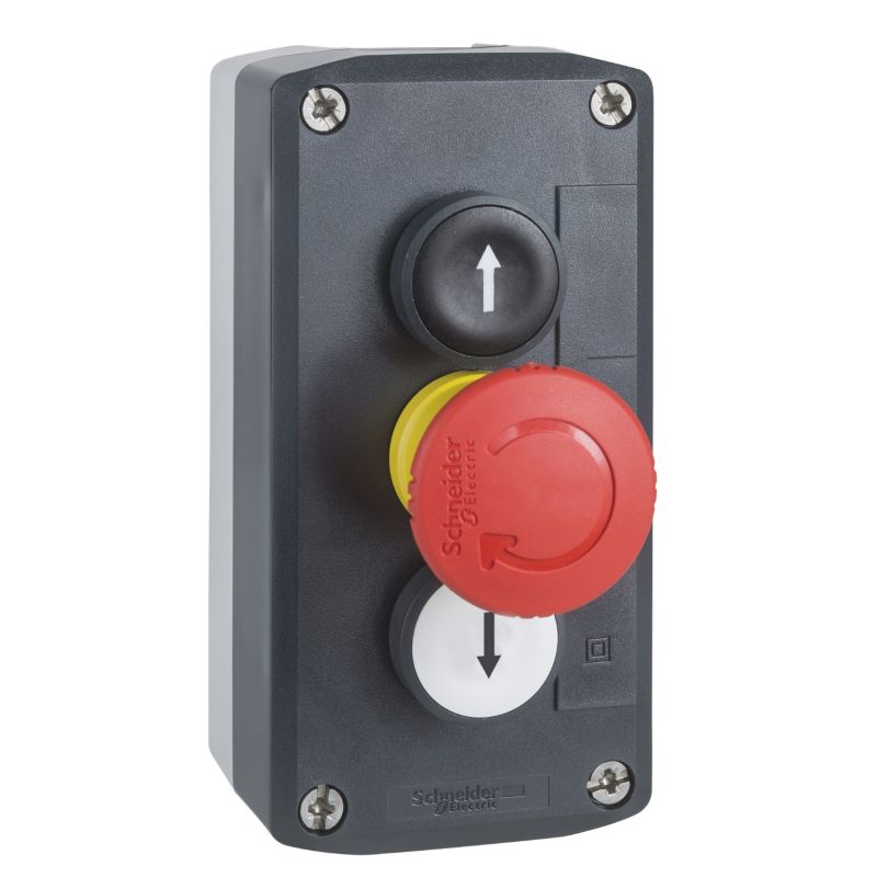 Control station, plastic, dark grey lid, 2 flush push buttons Ø22, marked UP ARROW / DOWN ARROW, 1 red mushroom Ø30