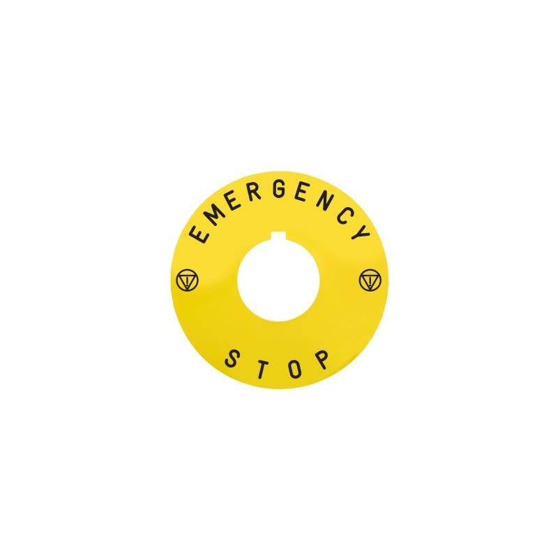 Marked legend, Harmony XB5, Ø 60 for emergency stop, EMERGENCY STOP/logo ISO13850