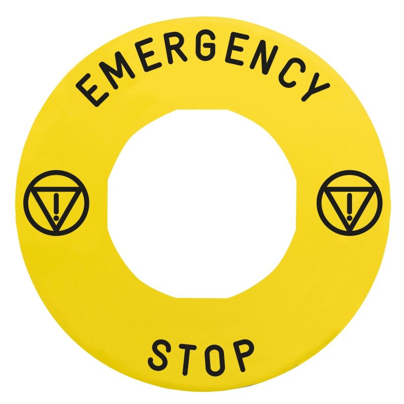 legenda circular de Ø 90 - amarela - EMERGENCY STOP/logo ISO13850