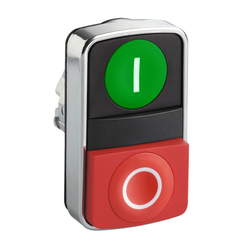 Double-headed push button head, metal, Ø22, 1 green flush marked I + 1 red projecting marked O