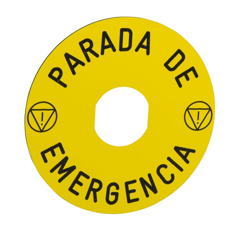 legenda circular de Ø 90 - amarela - PARADA DE EMERGENCIA/logo ISO13850