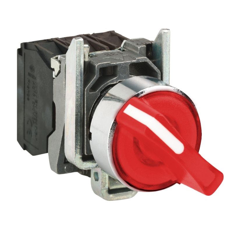 Illuminated selector switch, metal, red, Ø22, 3 positions, stay put, 230...240 V AC, 1 NO + 1 NC