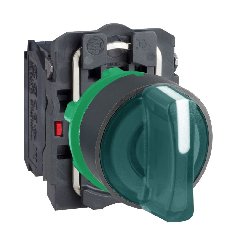 Illuminated selector switch, plastic, green, Ø22, 3 positions, stay put, 230...240 V AC, 1 NO + 1 NC