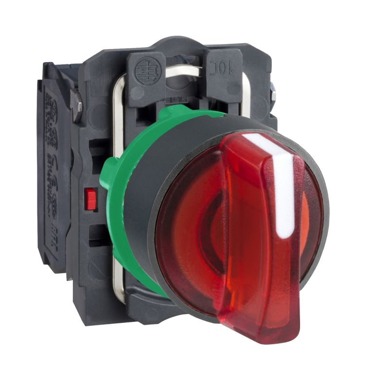 Illuminated selector switch, plastic, red, Ø22, 3 positions, stay put, 24 V AC/DC, 1 NO + 1 NC