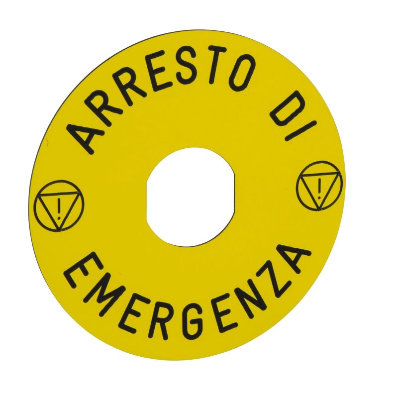 marked legend Ø90 for emergency stop -ARRESTO DE EMERGENZA/logo ISO13850