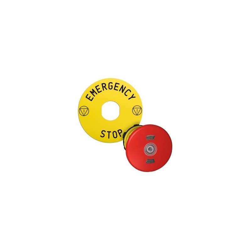 red Ø40 illum Emergency stop pushbutton head with yellow legend plate