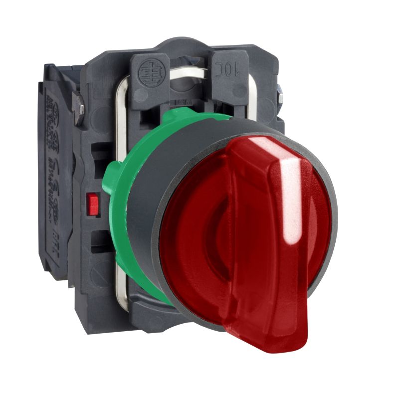 Illuminated selector switch, plastic, red, Ø22, 3 positions, stay put, 230...240 V AC, 1 NO + 1 NC