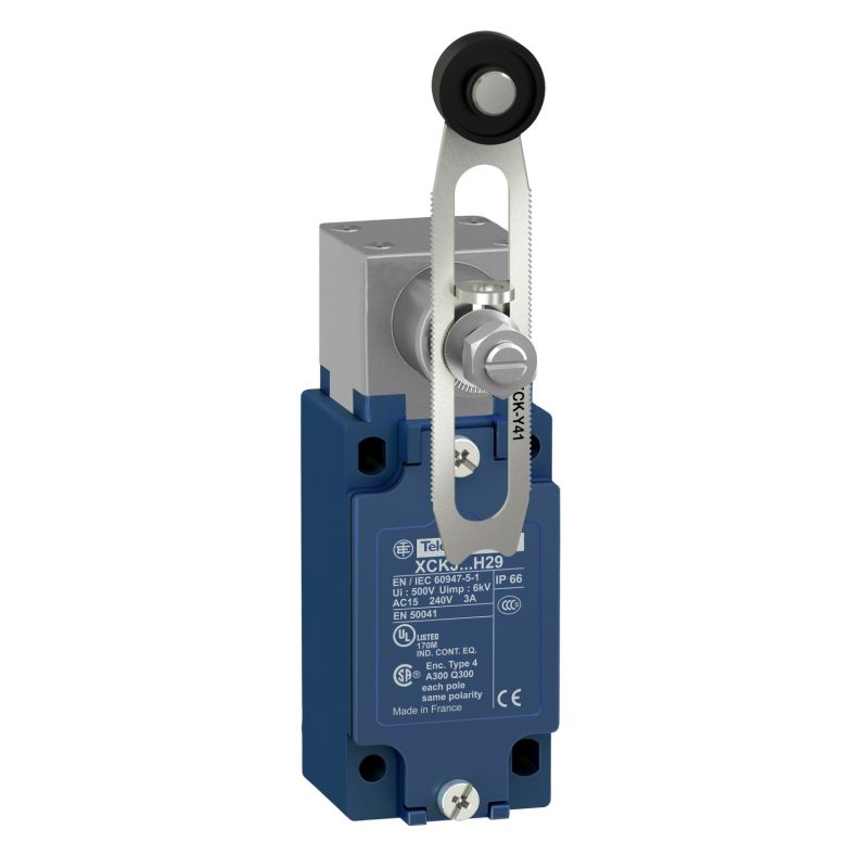 Limit switch, Limit switches XC Standard, XCKJ, thermoplastic plastic roller lever var. length, 1NC+1 NO, snap, M12
