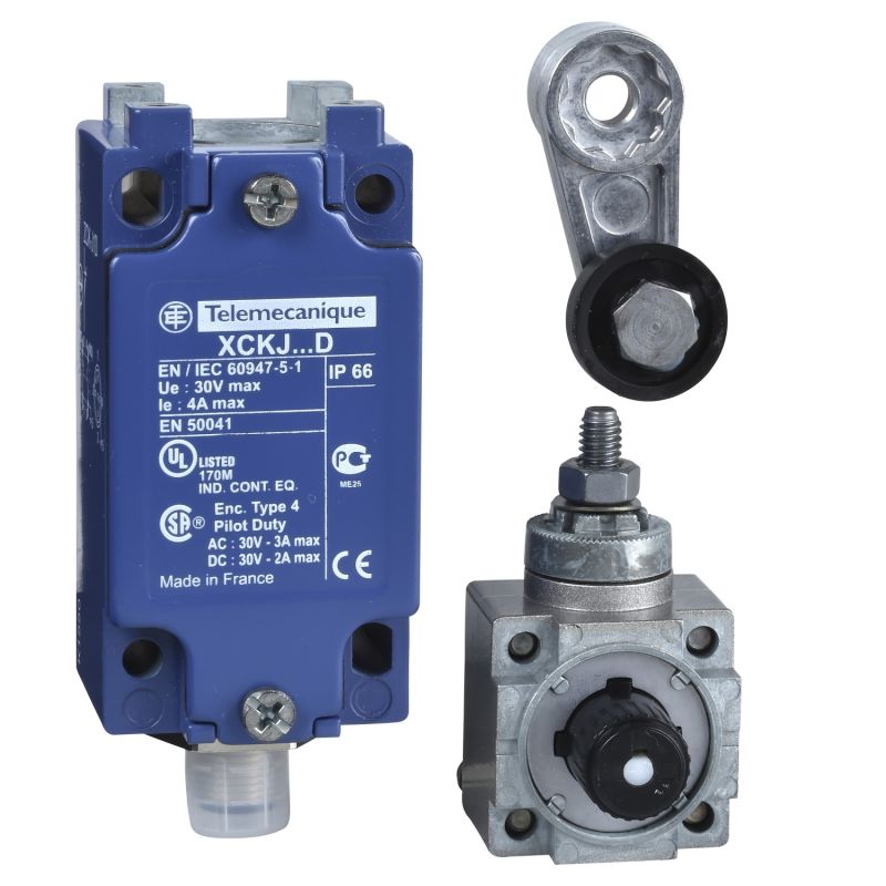 Limit switch, Limit switches XC Standard, XCKJ, thermoplastic roller lever, 1NC+1 NO, snap action, M12
